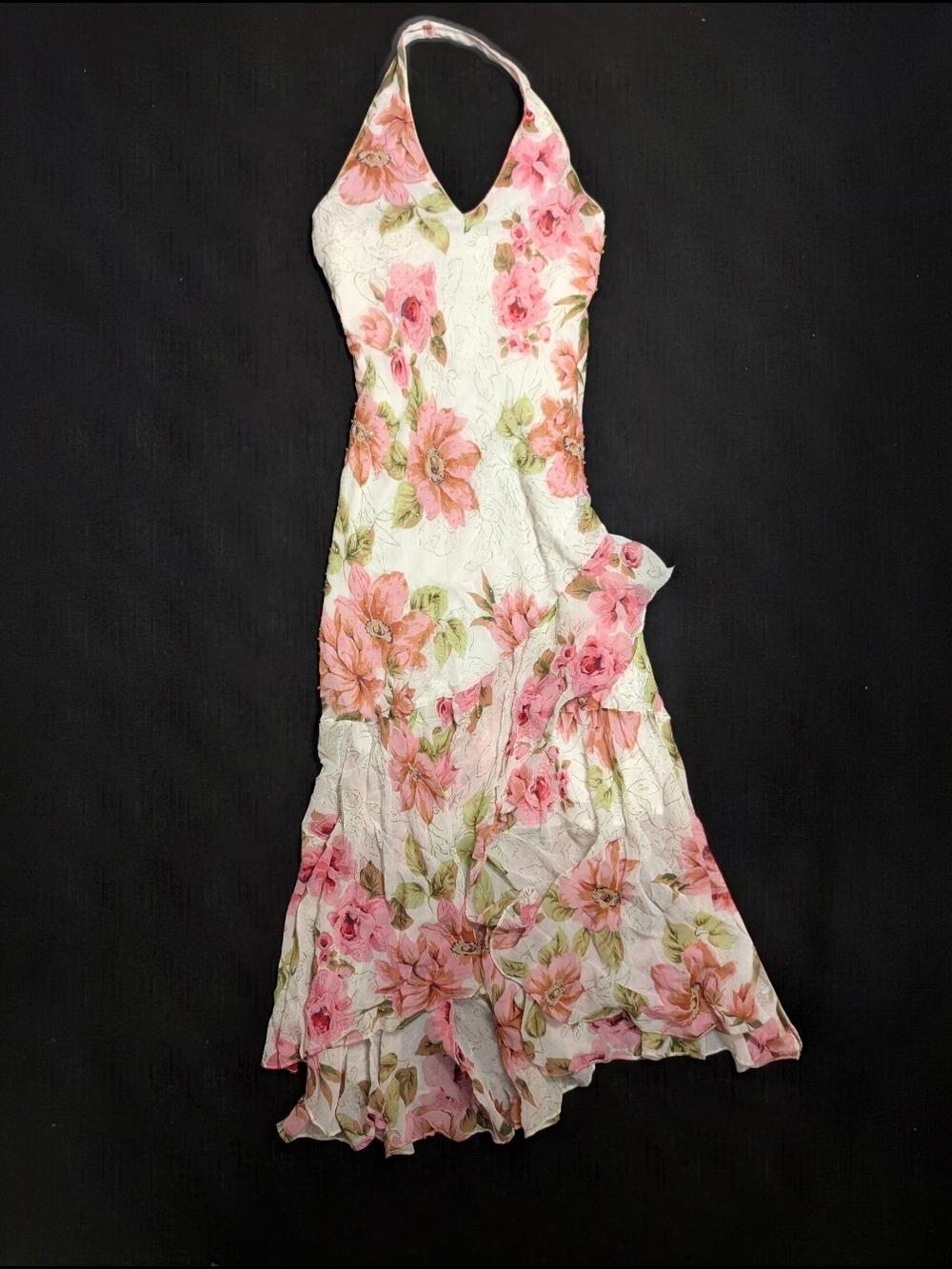 Vintage Y2K Newport News Floral Beaded Halter Dress S